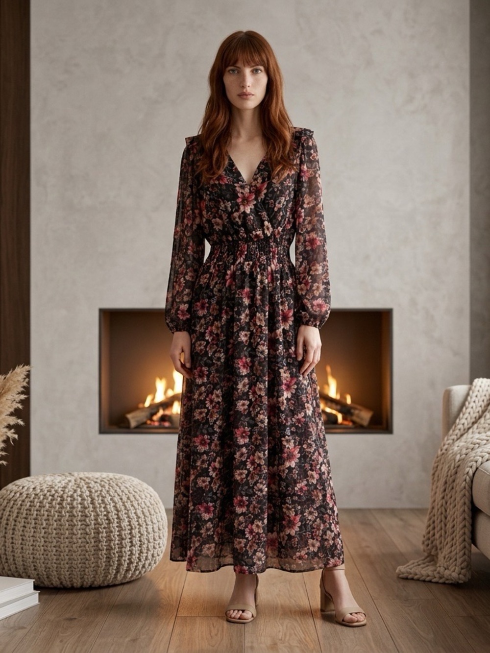Pearl Love California Floral Boho Maxi Dress Long Sleeve Medium